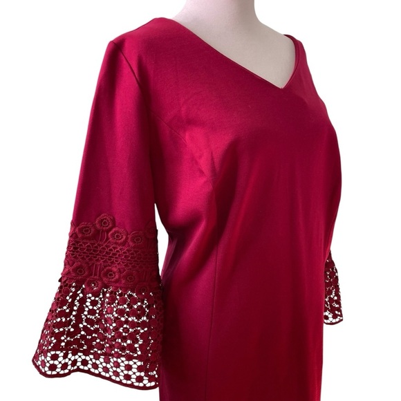 Talbots V-Neck Wine Sheath Midi Dress Crochet Lace Bell Sleeves (Size 16WP) - Picture 4 of 12